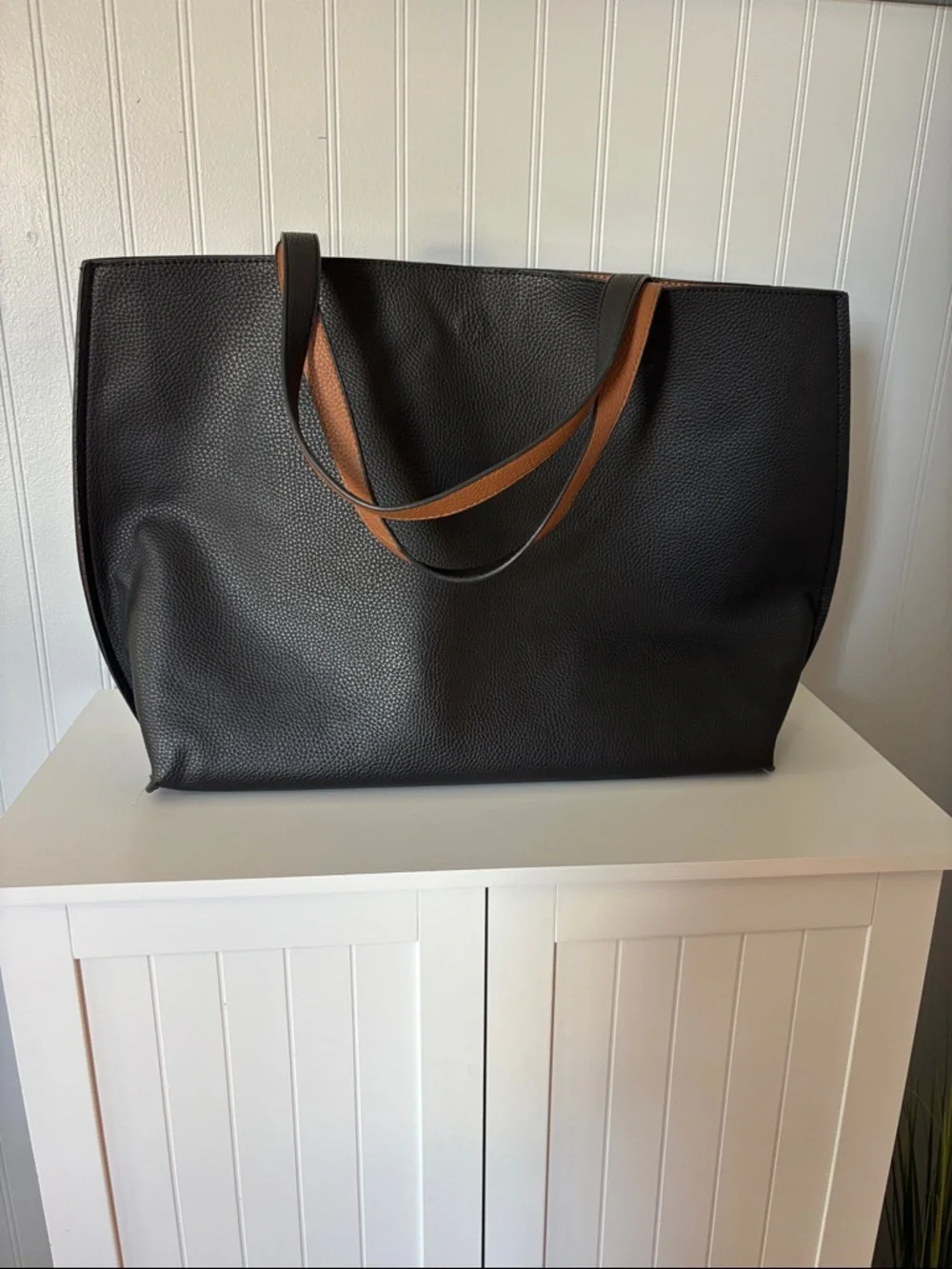 Large Black Leather Tote with Brown Accents